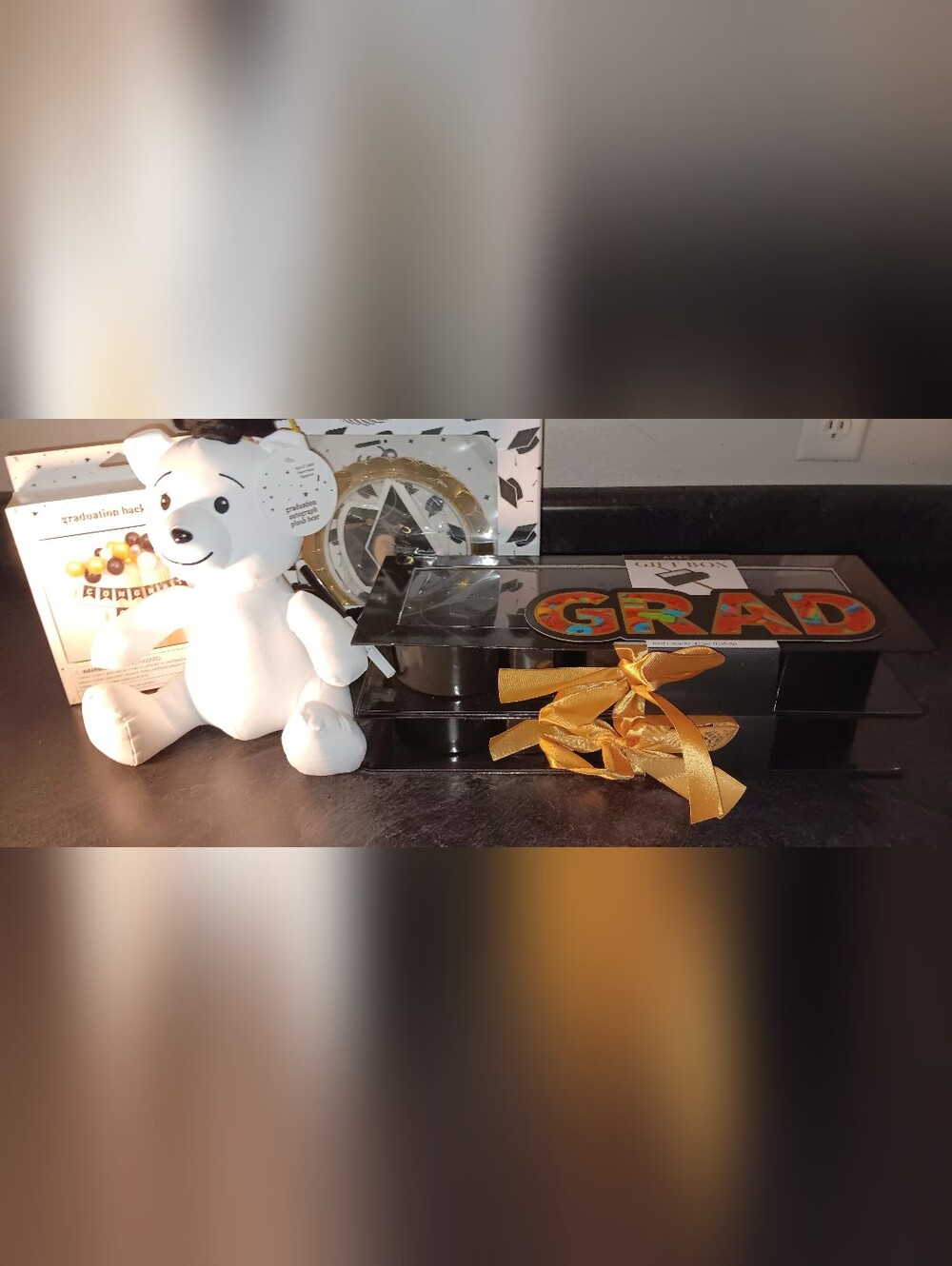 Graduation Gift Box with Gold Bow and White Bear Bundle Deal